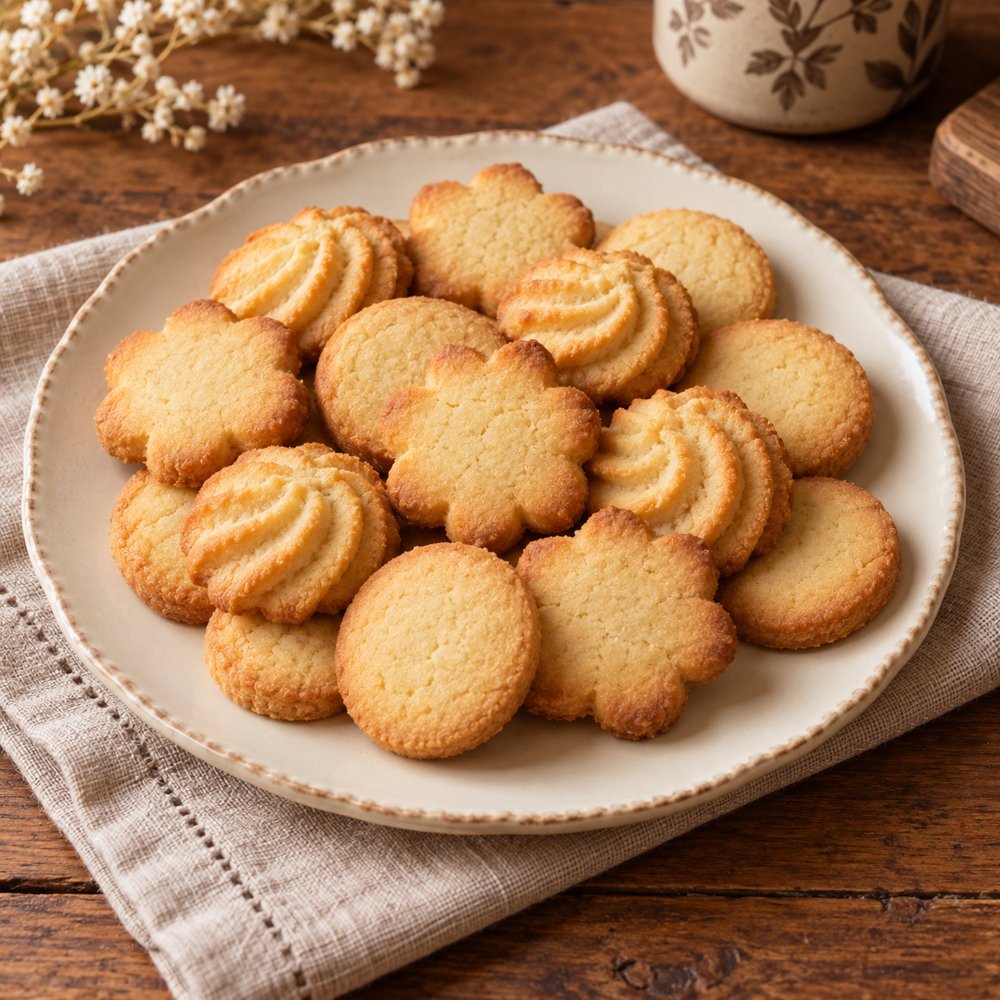 Prato com biscoitos amanteigados caseiros de vários formatos sobre um pano de linho
