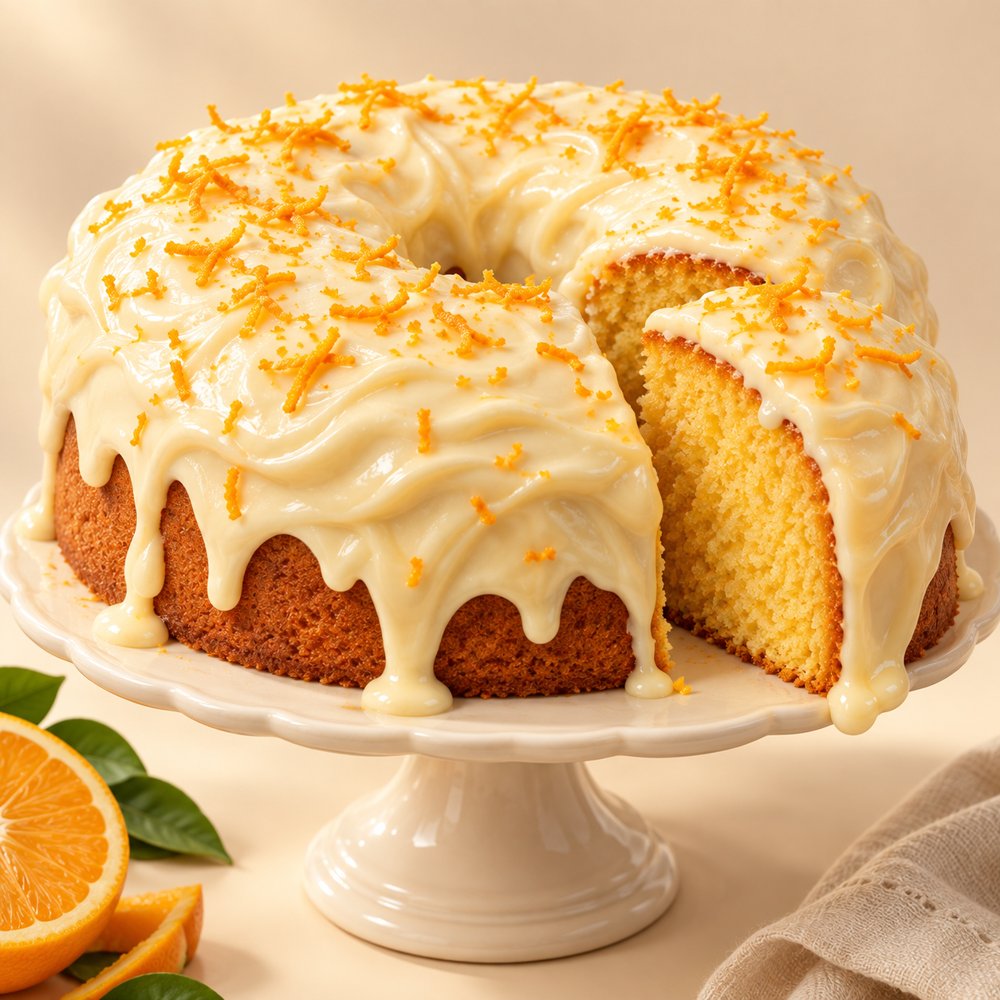 Bolo de laranja artesanal com cobertura cremosa num prato de bolo branco, sobre uma mesa clara com ambiente caseiro