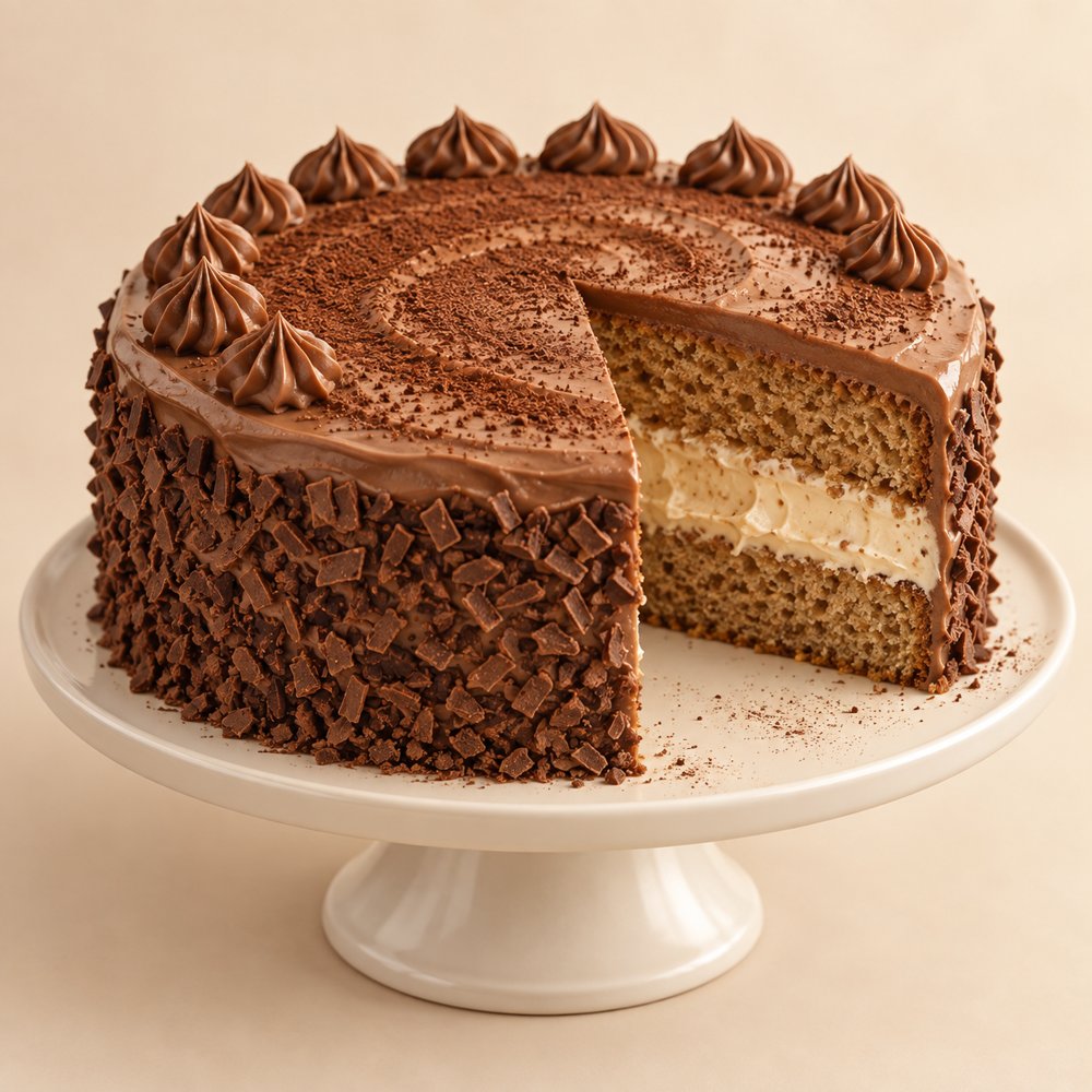 Bolo cappuccino com creme de chocolate e recheio cremoso, fatiado num prato de bolo branco